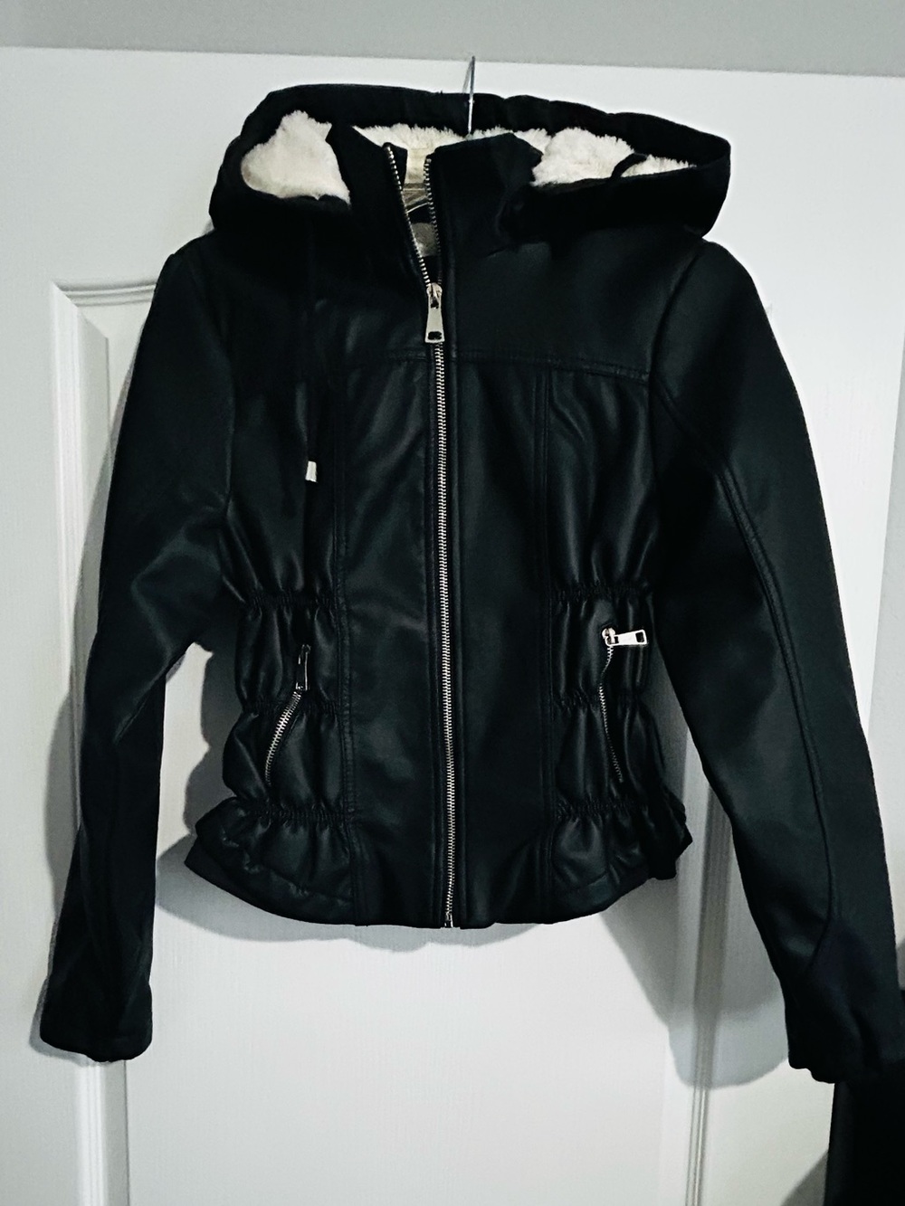 Fashion Nova Black Faux Leather Hooded Jacket with White Shearling Trim
